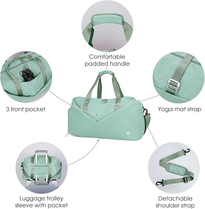 Ceneda 20" Gym Duffel Bag with Wet Pocket Shoes Compartment Portable Overnight Weekender Bag Travel bag Yoga Bag for Women (Mint Green)