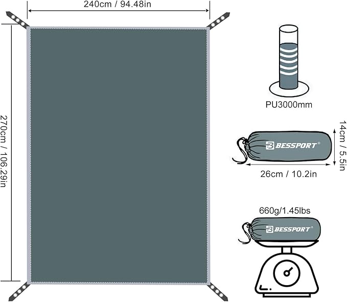 Bessport Tent Footprint for 1-2-3-4 Person Tent Waterproof Camping Tarp with Drawstring Carrying Bag for Picnic, Hiking and Other Outdoor Activities