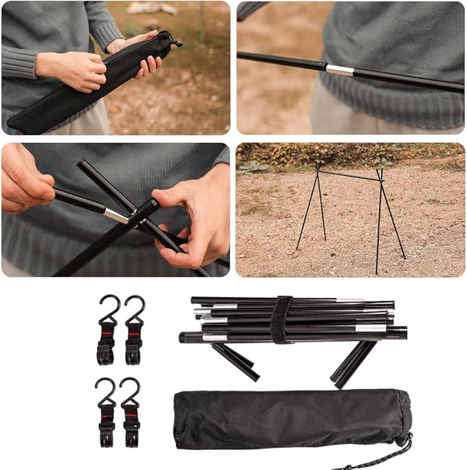 Foldable Tripod Camping Hanging Rack - 4 Hooks Outdoor Cookware Storage Portable, Outdoor Camping Folding Rack