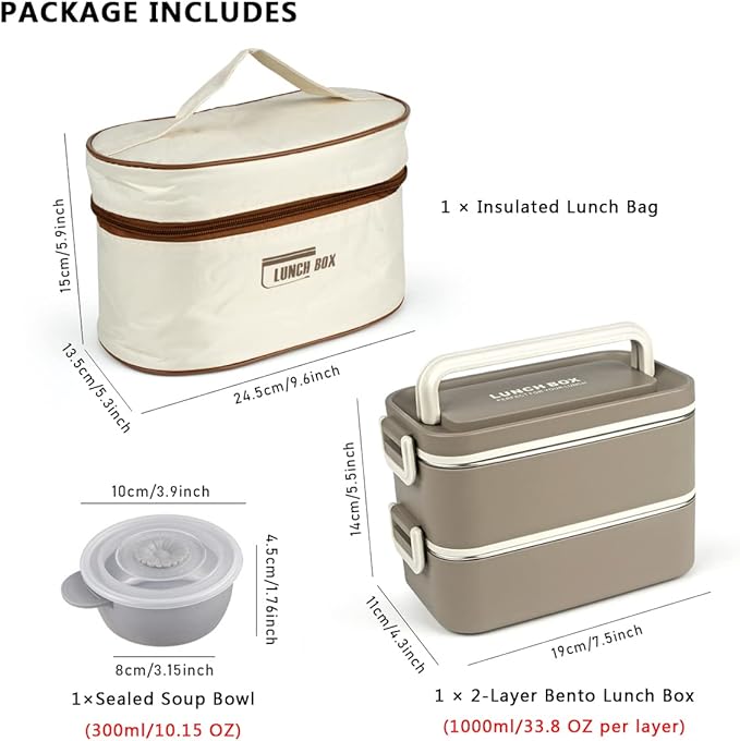 Bento Box Adult Lunch Box, Portable Insulated Lunch Containers Set, 2-Tier Stackable Stainless Steel Bento Boxes with Thermal Lunch Bag Soup Bowl, Leakproof Food Container