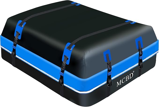 Rooftop Cargo Carrier Bag, 15 Cubic Feet Soft-Shell Waterproof Car Roof Luggage Bag for All Vehicles SUV with/Without Rails, Includes 10 Reinforced Straps + 4 Door Hooks,Storage Bag,Anti-Slip Mat,Blue