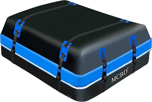 Rooftop Cargo Carrier Bag, 15 Cubic Feet Soft-Shell Waterproof Car Roof Luggage Bag for All Vehicles SUV with/Without Rails, Includes 10 Reinforced Straps + 4 Door Hooks,Storage Bag,Anti-Slip Mat,Blue