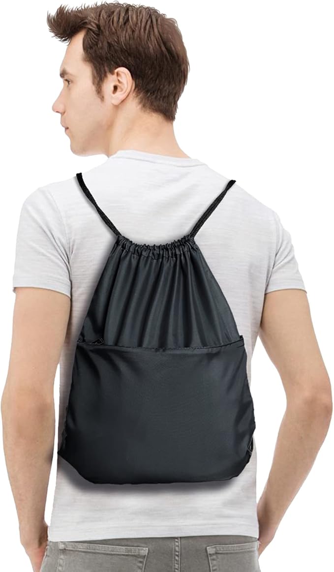 BuyAgain Drawstring Backpack Sports Water Resistant String Bag Sport Gym Sackpack for Women Men Large with Zipper, Black