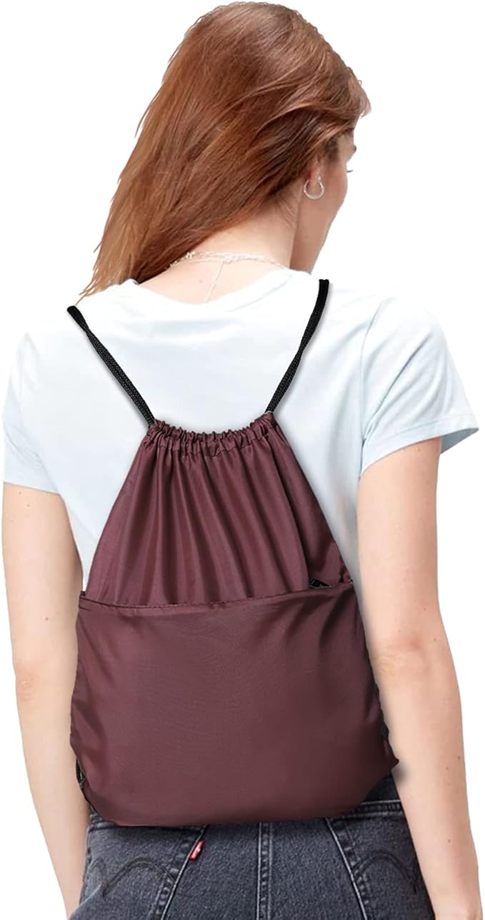 BuyAgain Drawstring Backpack Sports Water Resistant String Bag Sport Gym Sackpack for Women Men Large with Zipper, Burgundy