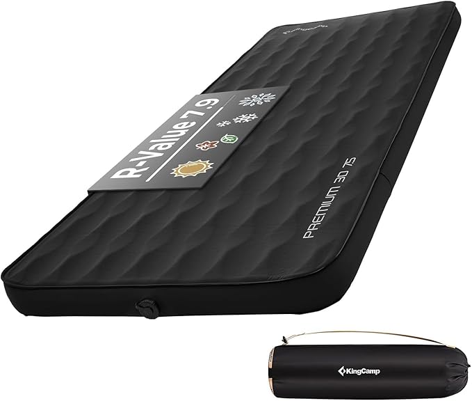 KingCamp Sleeping Pad for Camping, R 7.9 Self-Inflating Sleeping Pad 3" Thick Camping Mattress Foam Mat with 3D Sidewalls & Wave Surface Cut for Outdoor Tent Cot Car Backpacking, PVC Free (Black)