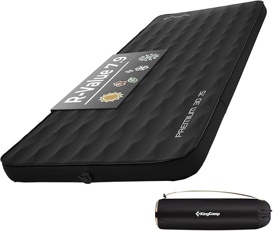 KingCamp Sleeping Pad for Camping, R 7.9 Self-Inflating Sleeping Pad 3" Thick Camping Mattress Foam Mat with 3D Sidewalls & Wave Surface Cut for Outdoor Tent Cot Car Backpacking, PVC Free (Black)