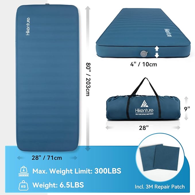 Hikenture 4 INCH Thick Self Inflating Sleeping Pad with 9.5 R Value, Comfort Plus Camping Mattress with Pump Sack, Inflatable Foam Insulated Camping Pad, Portable Camping Mat for 4-Season