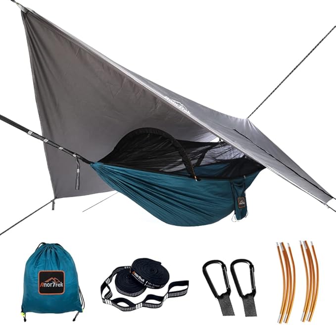 Camping Hammock with Mosquito Net and Rain Fly Tarp, Portable Double Hammock with Two Tree Straps, 230T Nylon Hammock and Waterproof Rain Fly Set for Hiking, Backpacking, Overnight (Blue)