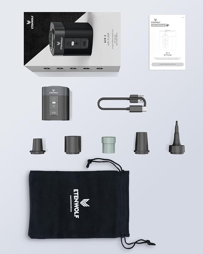ETENWOLF AIR 3 Air Pump for Inflatables with 2600 mAh Battery & Camping Light, Ultra-Fast and Mini Electric Air Pump, Inflate Deflate for Air Mattress, Pool Floats, Vacuum Storage Bags
