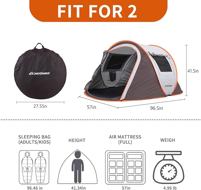 EchoSmile Camping Instant Pop Up Tent, 2/4/6/8/10 Person, Water Resistant Dome, Easy Setup for Camping Hiking and Outdoor, Portable with Carry Bag, 3 Season