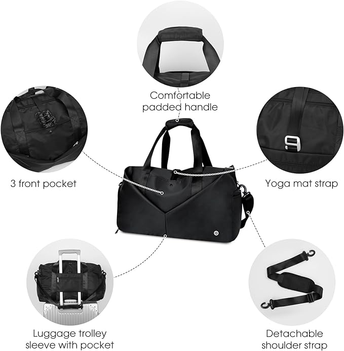 Ceneda 20" Gym Duffel Bag with Wet Pocket Shoes Compartment Portable Overnight Weekender Bag Travel bag Yoga Bag for Women (Black)