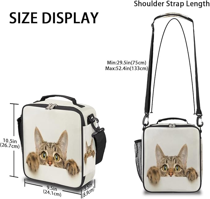 Funny Animal Cat Reusable Lunch Bag, Insulated, Spacious, Waterproof, Suitable for Boys and Girls, 10.5 x 3.5 x 9.5 inches