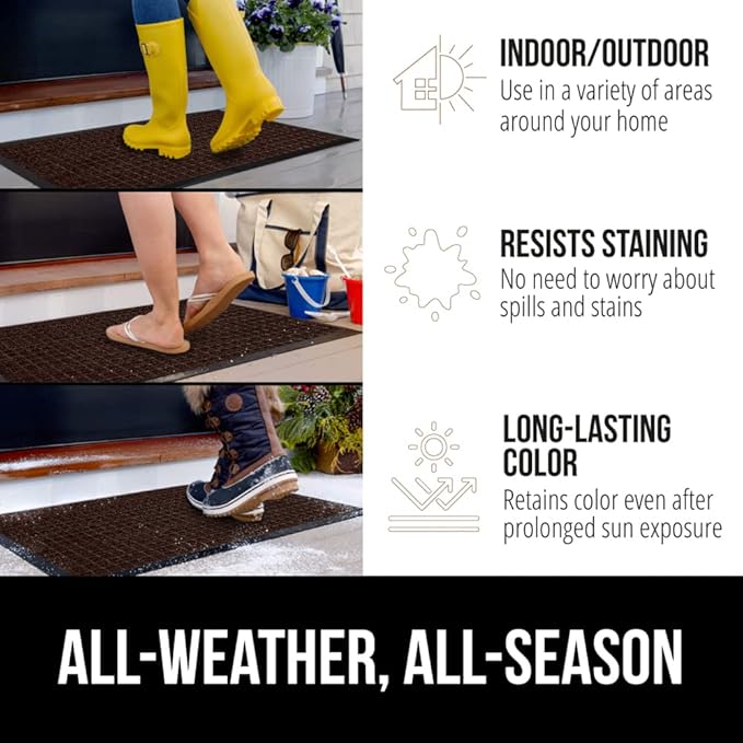 GORILLA GRIP 100% Waterproof All-Season WeatherMax Doormat, 72x24 Runner, Durable Natural Rubber, Stain and Fade Resistant, Low Profile, Indoor Outdoor Door Mats, Easy Clean Entry Mat, Coffee Squares