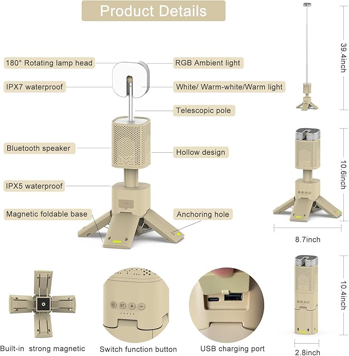 Camping Lantern, 14000mAh Rechargeable Telescopic Camping Lights Built-in Magnetic Stand with Speaker, Portable Waterproof Outdoor LED Flashlight for Emergency, Hiking, Camping, Fishing -Khaki