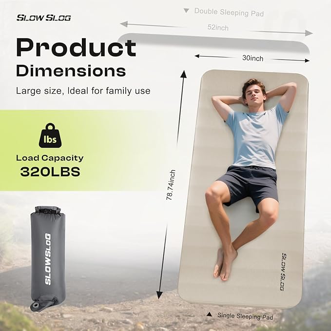 Self-Inflating Sleeping Mats for Camping 4in Ultra-Thick Foam Sleeping Pad Inflatable Camping Mattress with Pump Sack, Portable Camping Pad for 4-Season, Cream