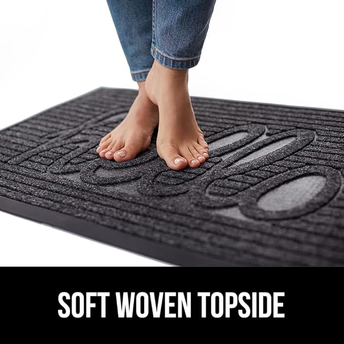GORILLA GRIP 100% Waterproof All-Season WeatherMax Doormat, 23x35, Durable Natural Rubber, Stain and Fade Resistant, Low Profile, Indoor Outdoor Door Mats, Easy Clean Patio Entry Mat, Charcoal Hello