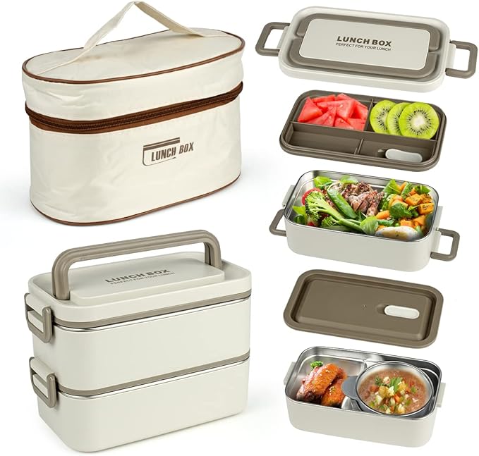 Bento Box Adult Lunch Box, Portable Insulated Lunch Containers Set, 2-Tier Stackable Stainless Steel Bento Boxes with Thermal Lunch Bag Soup Bowl, Leakproof Food Container