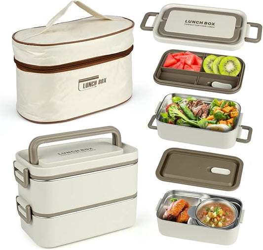 Bento Box Adult Lunch Box, Portable Insulated Lunch Containers Set, 2-Tier Stackable Stainless Steel Bento Boxes with Thermal Lunch Bag Soup Bowl, Leakproof Food Container
