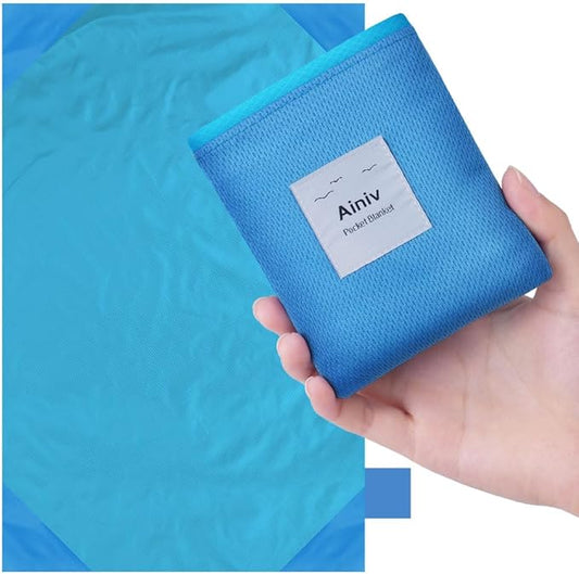 Picnic Blanket, Mini Pocket Beach Mat 43.3 x 55.1IN (2-3 People) Foldable, Lightweight Waterproof Sand Free, Foldable Thin Ground Sheet for Outdoor Camping Hiking Travel - with Hand Strap