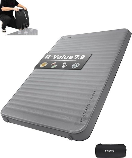 KingCamp Double Sleeping Pad, 2 Person Queen R 7.9 Self Inflating Sleeping Pad, 3" Ultra Thick Full Size Foam Mattress Mat with Pump Sack for Camping Outdoor Tent Car, PVC Free (Grey)