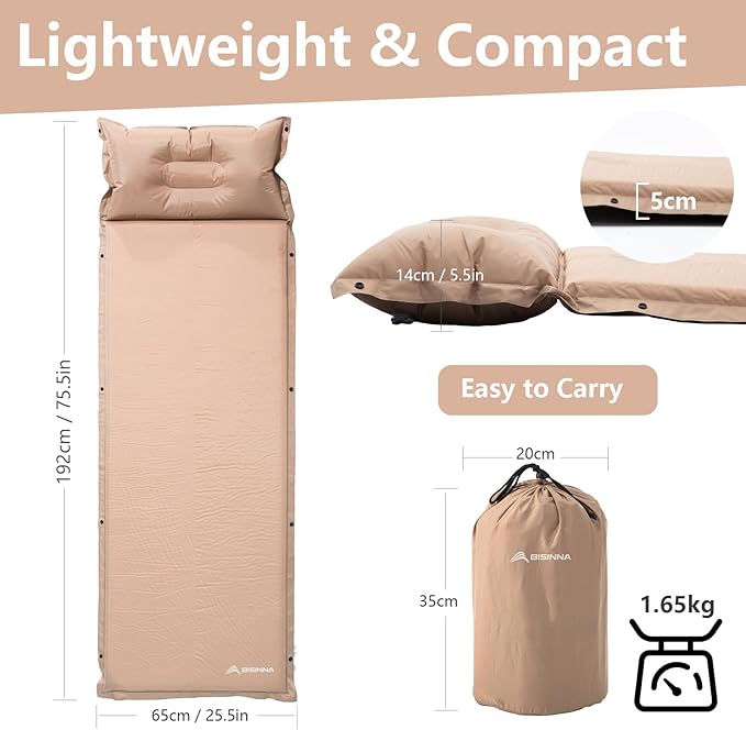 BISINNA Self Inflating Sleeping Pad Thick Foam Sleeping Mattress with Pillow for Camping Lightweight Insulated Sleeping Mat Fast Inflating for Camping Travel Car Tent