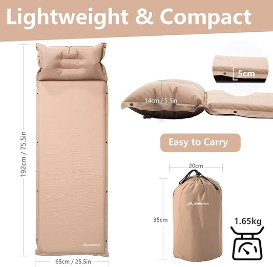 BISINNA Self Inflating Sleeping Pad Thick Foam Sleeping Mattress with Pillow for Camping Lightweight Insulated Sleeping Mat Fast Inflating for Camping Travel Car Tent