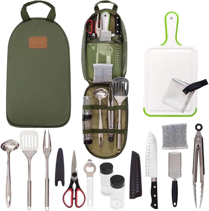 Camp Kitchen Utensil Organizer Travel Set Portable BBQ Camping Cookware Stainless Steel Utensils Travel Kit Outdoor Equipment Cutting Board Tongs Scissors Knife Ladle Spatula