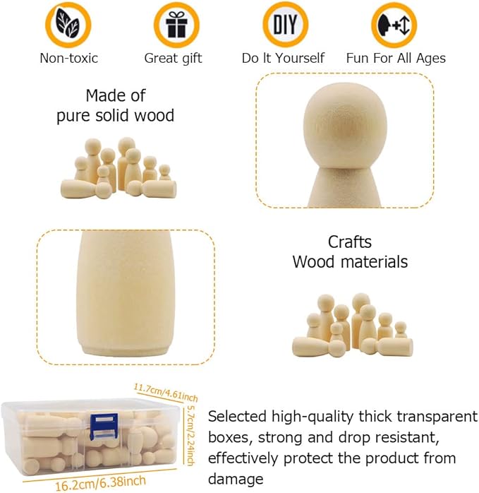 50 Pack Unfinished Wooden Peg Dolls, Abnaok Peg People, Doll Bodies, Wooden Figures, Decorative Peg Doll People for Kids DIY Art Craft, Painting, Peg Game, Home Party Decor, Assorted Shapes and Sizes
