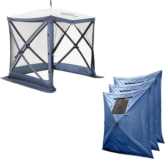 CLAM Quick Set Traveler 6 x 6 Ft Portable Outdoor Shelter, Blue + Clam Quick Set Screen Hub Tent Wind & Sun Panels, Accessory Only, Blue (3 Pack)