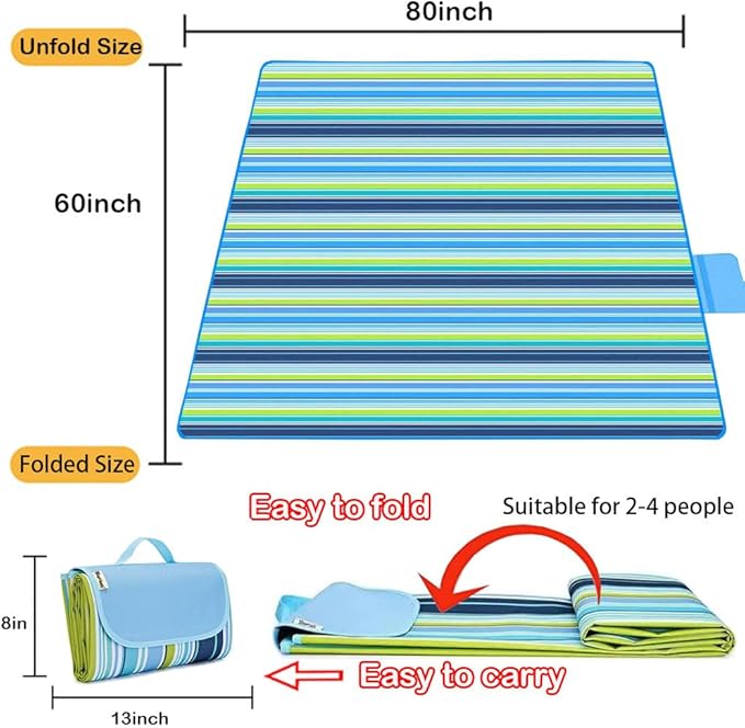 Extra Large Beach Blanket Outdoor Picnic Blankets, Foldable Waterproof Sand Free Beach Mats Picnic Mat for Festival BBQ Park Grass Lawn Camping Hiking Travel Concerts (Blue 2, 80x60 in)