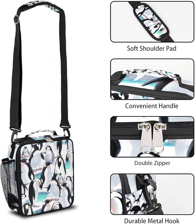 cfpolar Kids Penguin Lunch Bag, Reusable Insulated Lunch Box with Shoulder Strap, Thermal Cooler Lunch Tote, Leakproof, Multicolor, Animal Pattern