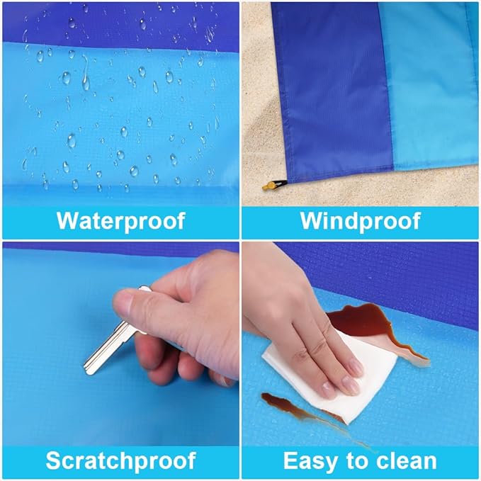 Beach Blanket Beach Mat, Sandproof Waterproof Beach Mat, Extra Large 108 * 118 in (8-10People) Picnic Blanket with 1 Storage Bag, 1 Carabiner & 4 Fixed Nails for Beach, Camping, Hiking, Picnic