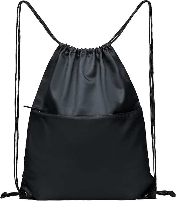 BuyAgain Drawstring Backpack Sports Water Resistant String Bag Sport Gym Sackpack for Women Men Large with Zipper, Black