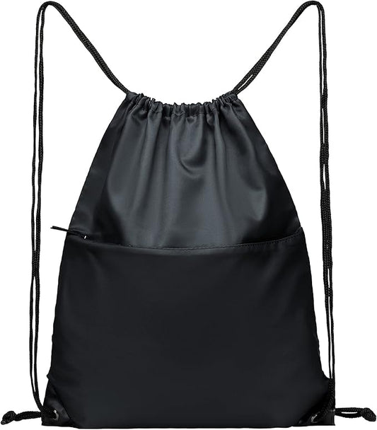 BuyAgain Drawstring Backpack Sports Water Resistant String Bag Sport Gym Sackpack for Women Men Large with Zipper, Black