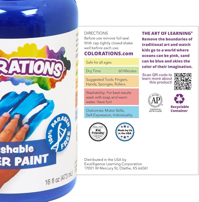 Colorations Washable Finger Paints, 16 fl oz, Turquoise, Non-Toxic, Creamy, Vibrant, Kids Paint, Craft, Hobby, Fun, Art Supplies, Young kids, finger painting, hand painting