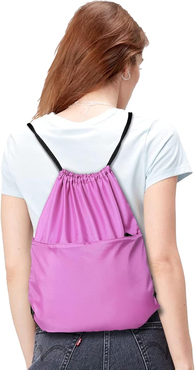 BuyAgain Drawstring Backpack Sports Water Resistant String Bag Sport Gym Sackpack for Women Men Large with Zipper, Pink