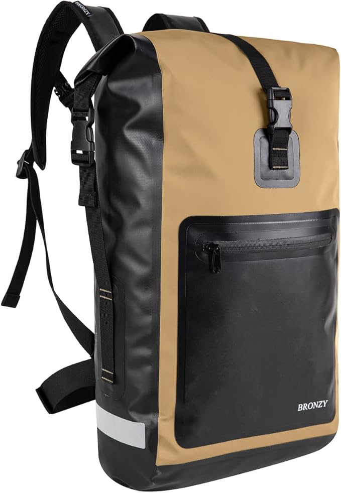BRONZY Waterproof Backpack Dry Bag 30L Roll Top Closure With Front Zippered Pocket Heavy Duty Breathable Foam Padded Backing For Kayaking Camping Boating Hiking Beach (Khaki)