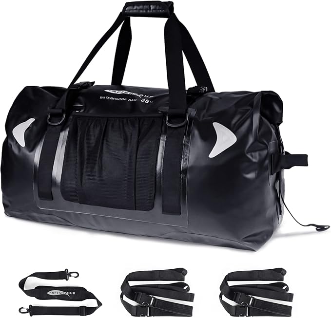 65L Waterproof Duffel Bag for Men and Women - Large Motorcycle Duffle Bag with Straps for Back Seat - Roll Top Dry Bag for Kayaking, Rafting, Boating, Swimming, Beach