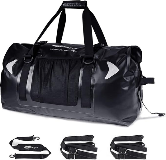 65L Waterproof Duffel Bag for Men and Women - Large Motorcycle Duffle Bag with Straps for Back Seat - Roll Top Dry Bag for Kayaking, Rafting, Boating, Swimming, Beach