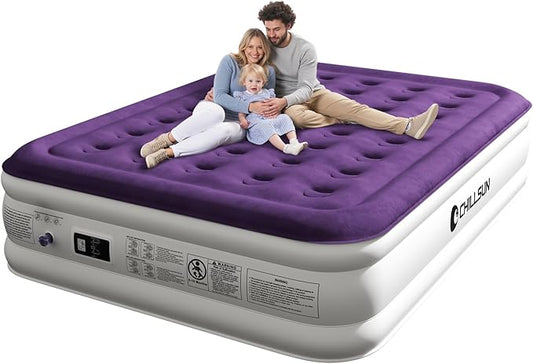 CHILLSUN Queen Air Mattress with Built in Pump, 2025 Upgraded Blow Up Mattress, 18" Luxury Flocked Top Airbed, Inflatable Mattress for Camping Guests and Home 650 lbs Max