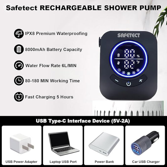 Portable Camping Shower Pump, 5 Speed Mode, 8000mAh Rechargeable Shower Pump, 4 Mode Shower Head and 20 L Foldable Bucket, Camp Shower for Hiking,Travel Beach, Pet Bath, Car Washing
