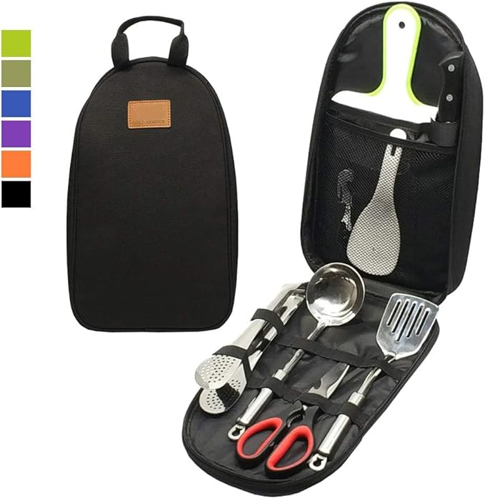 Camp Kitchen Utensil Organizer Travel Set Portable BBQ Camping Cookware Stainless Steel Utensils Travel Kit Outdoor Equipment Cutting Board Tongs Scissors Knife Ladle Spatula
