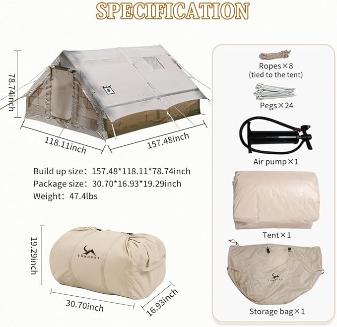 Inflatable Camping Tents Air Glamping Tents 4 Season Waterproof Easy Set up Cabin House Tent Blow up Tent for Family Camping