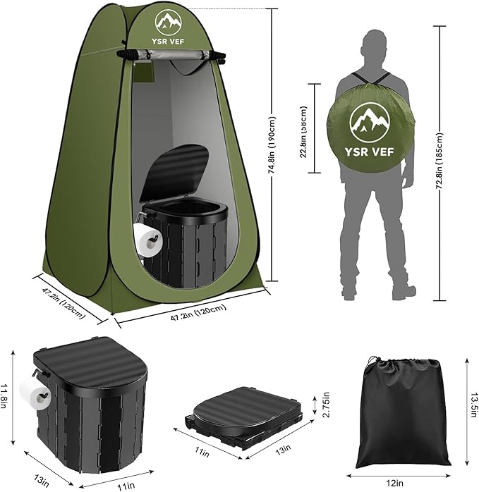 Portable Toilet Kit, Camping Toilet with Pop-Up Privacy Tent and Poo Gel Toilet Bags, Washable Portable Outdoor Showers Changing Rooms