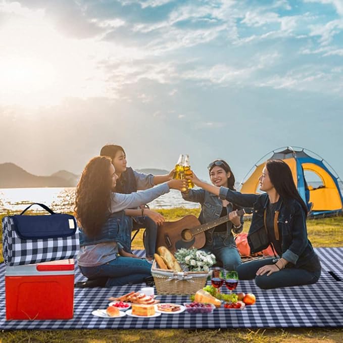RUIBOLU Beach Blanket Large Picnic Blankets, 80x60in Sandproof Beach Mat for 2-4 Adults Waterproof Quick Drying Outdoor Picnic Mat for Travel Camping Hiking Festival Park Lawn (Dark Blue Plaids)