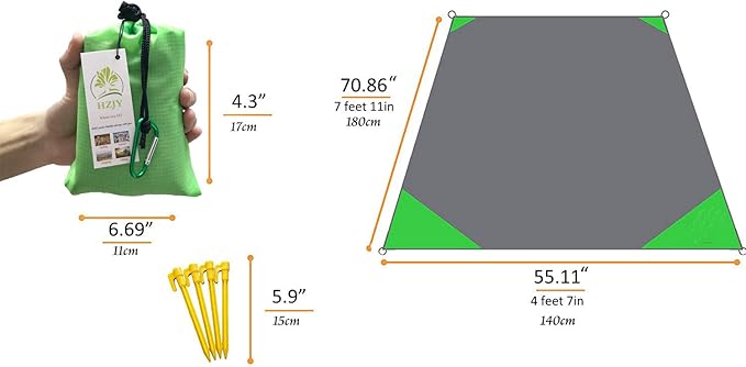 Outdoor Blanket (71" x 55") -Compact, Lightweight, Sand Proof Pocket Blanket Best Mat for The Beach, Hiking, Travel, Camping, Festivals with Pockets, Loops, Stakes, Carabiner