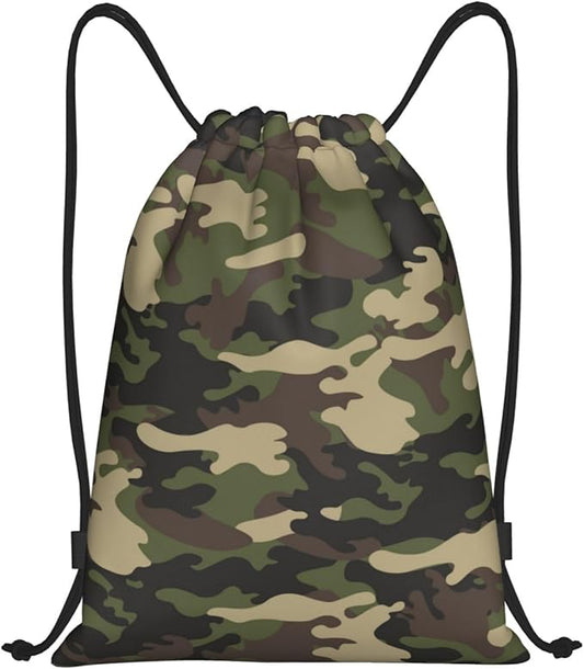 Camo Drawstring Backpack Cool Camouflage Drawstring Bags Gym Sports Bag Army Green Cinch Bag Camo Polyester Sackpack Woodland Travel Storage Bag