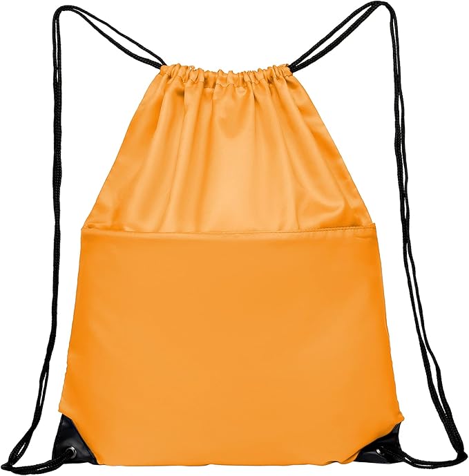 BuyAgain Drawstring Backpack Sports Water Resistant String Bag Sport Gym Sackpack for Women Men Large with Zipper, Orange
