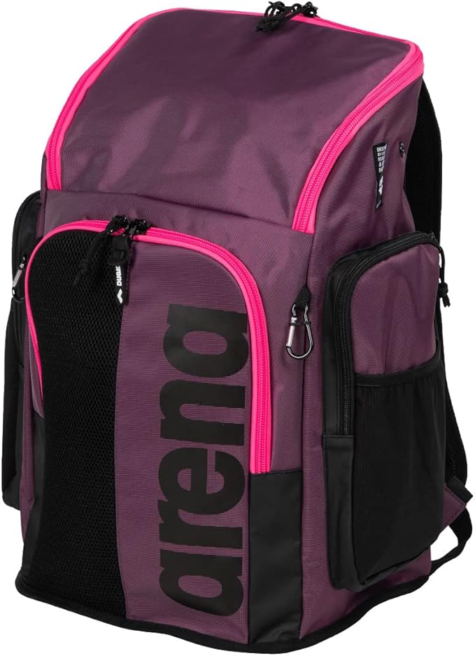 Arena Spiky III Backpack 45 Swimming Athlete Sports Gym Rucksack Large Training Gear Equipment Swim Bag for Men and Women, 45 Liters, Plum/Neon Pink