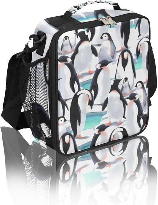 cfpolar Kids Penguin Lunch Bag, Reusable Insulated Lunch Box with Shoulder Strap, Thermal Cooler Lunch Tote, Leakproof, Multicolor, Animal Pattern